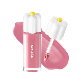 Amuse Seoul Daisy Flower Dew Tint bottle close-up showing glossy, hydrated lips