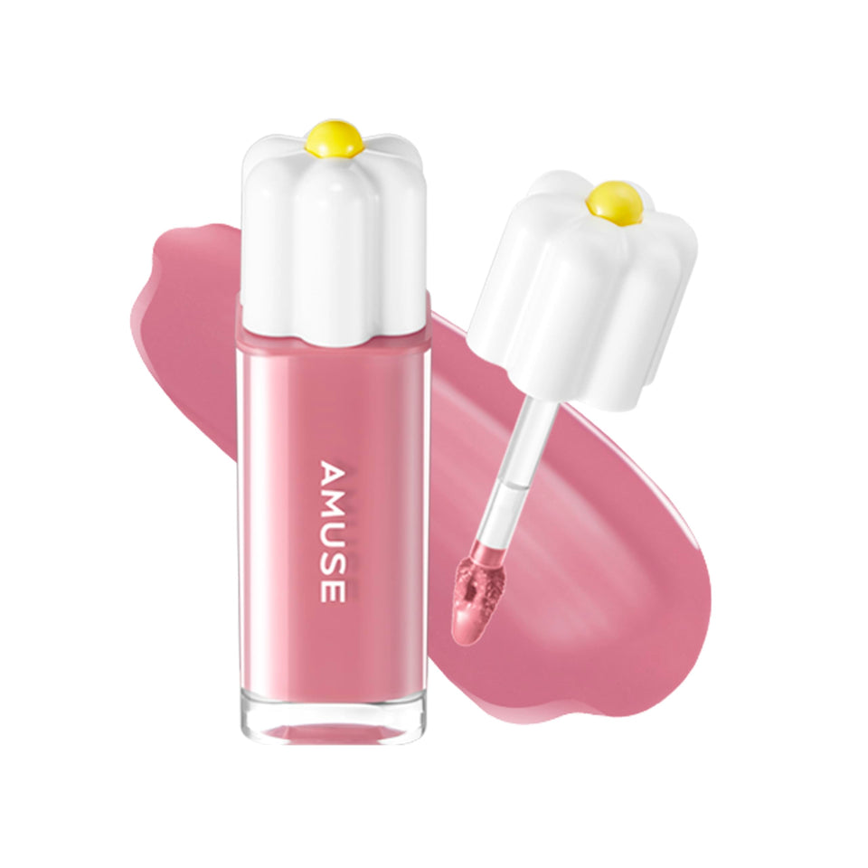 Amuse Seoul Daisy Flower Dew Tint bottle close-up showing glossy, hydrated lips