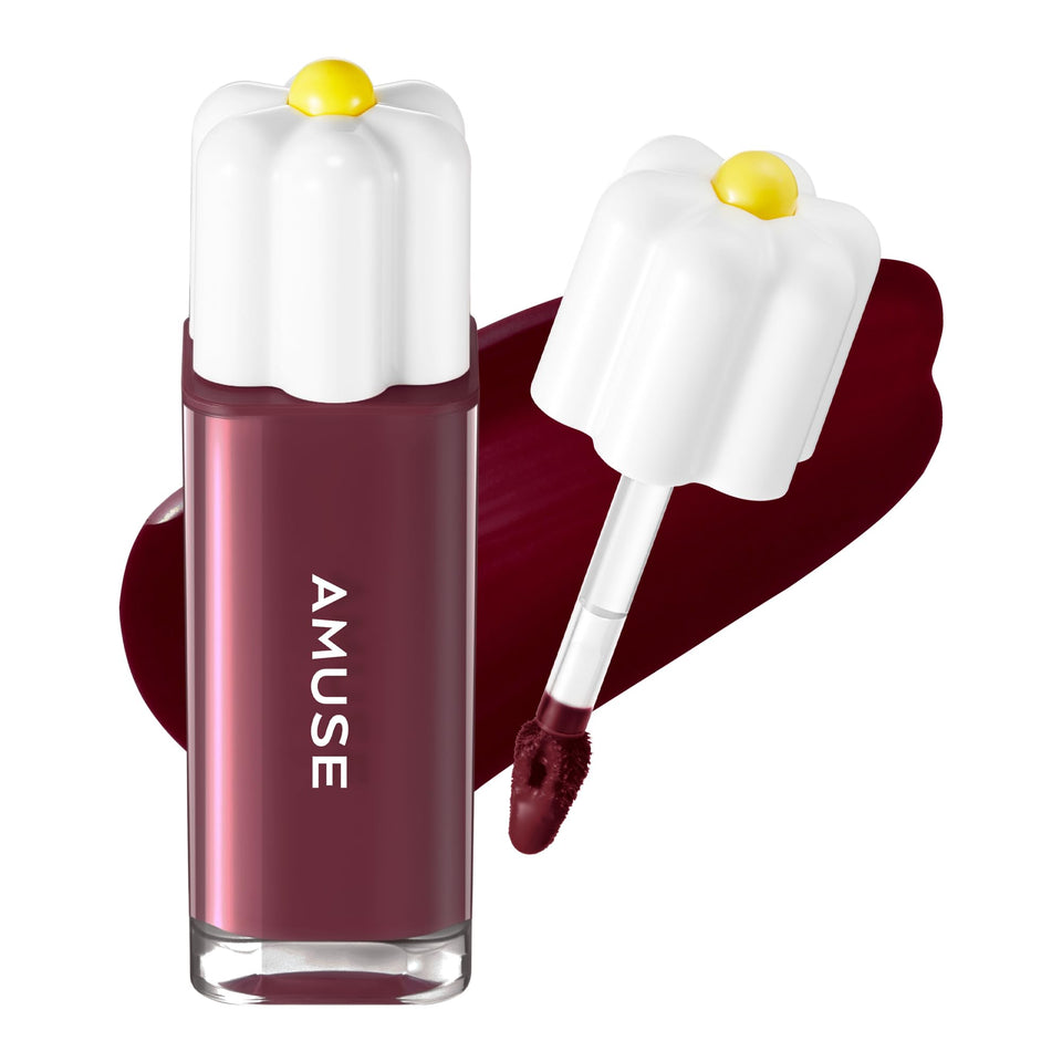 Amuse Seoul Daisy Flower Dew Tint bottle shows glossy moisture for daily lip color.
