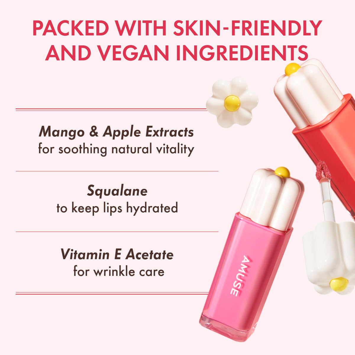 Amuse Seoul Daisy Flower Dew Tint lip application shows vibrant color payoff.