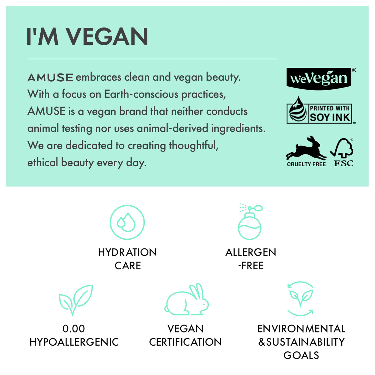 Eco-friendly packaging and vegan seal emphasize cruelty-free approach.