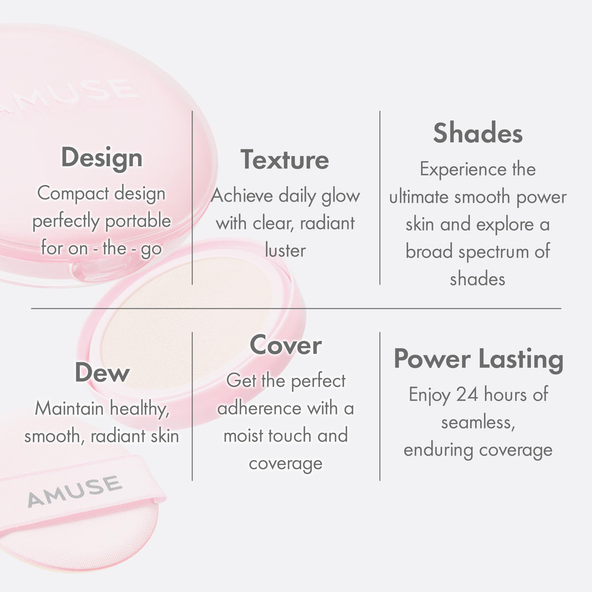 Amuse Seoul Dew Power cushion cooling-effect cools skin and reduces heat appearance.