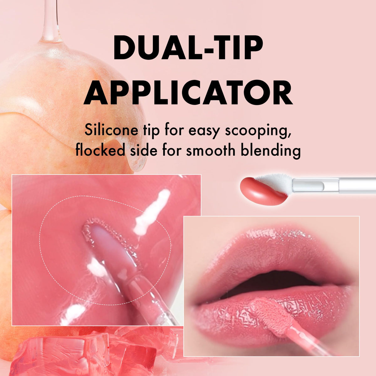 Amuse Jel-Fit layered over lipstick enhances color depth and sheen.