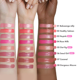 Amuse Seoul Jel-Fit Tint 12-hour wear on lips.