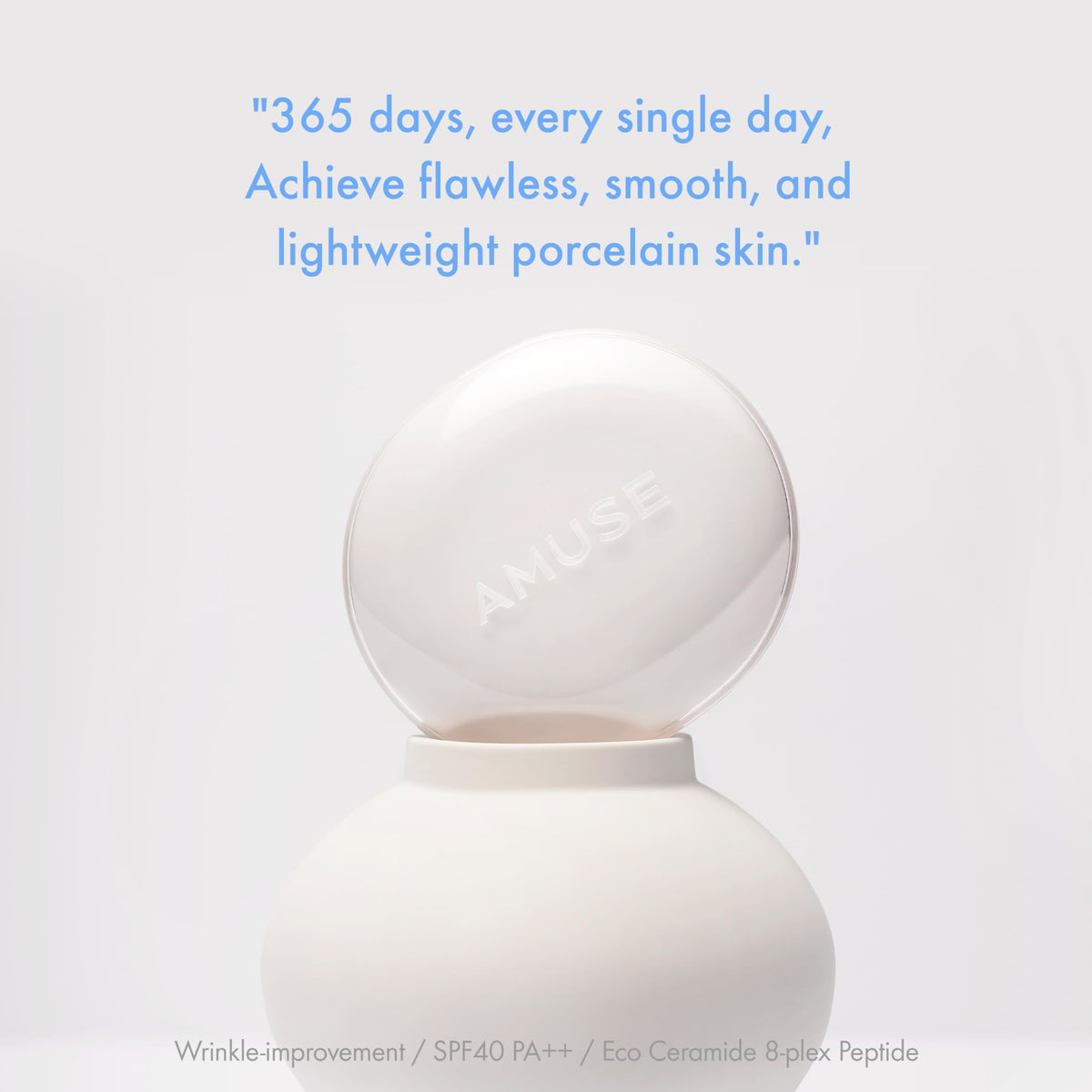Amuse Seoul cushion application showing pore-blurring finish for a flawless base.