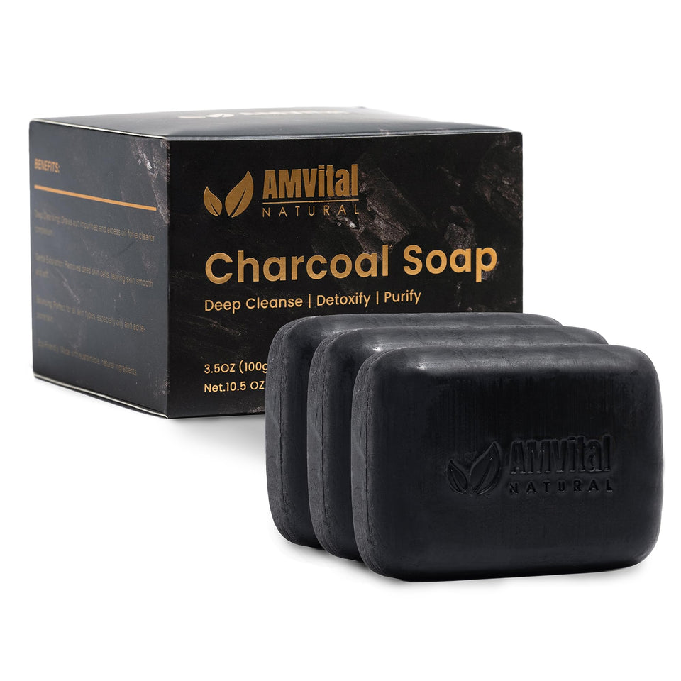 AMVital natural charcoal soap set, pack-front, showcasing durable daily-use bars