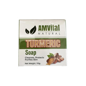 AMVital Turmeric Soap Bar used in daily skincare routine at sink.