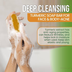AMVital Turmeric Soap Bar shown on hand for everyday use.