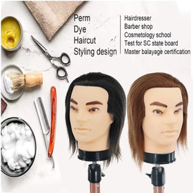 Amyqueen barber mannequin head in action for cutting, coloring, and styling drills.