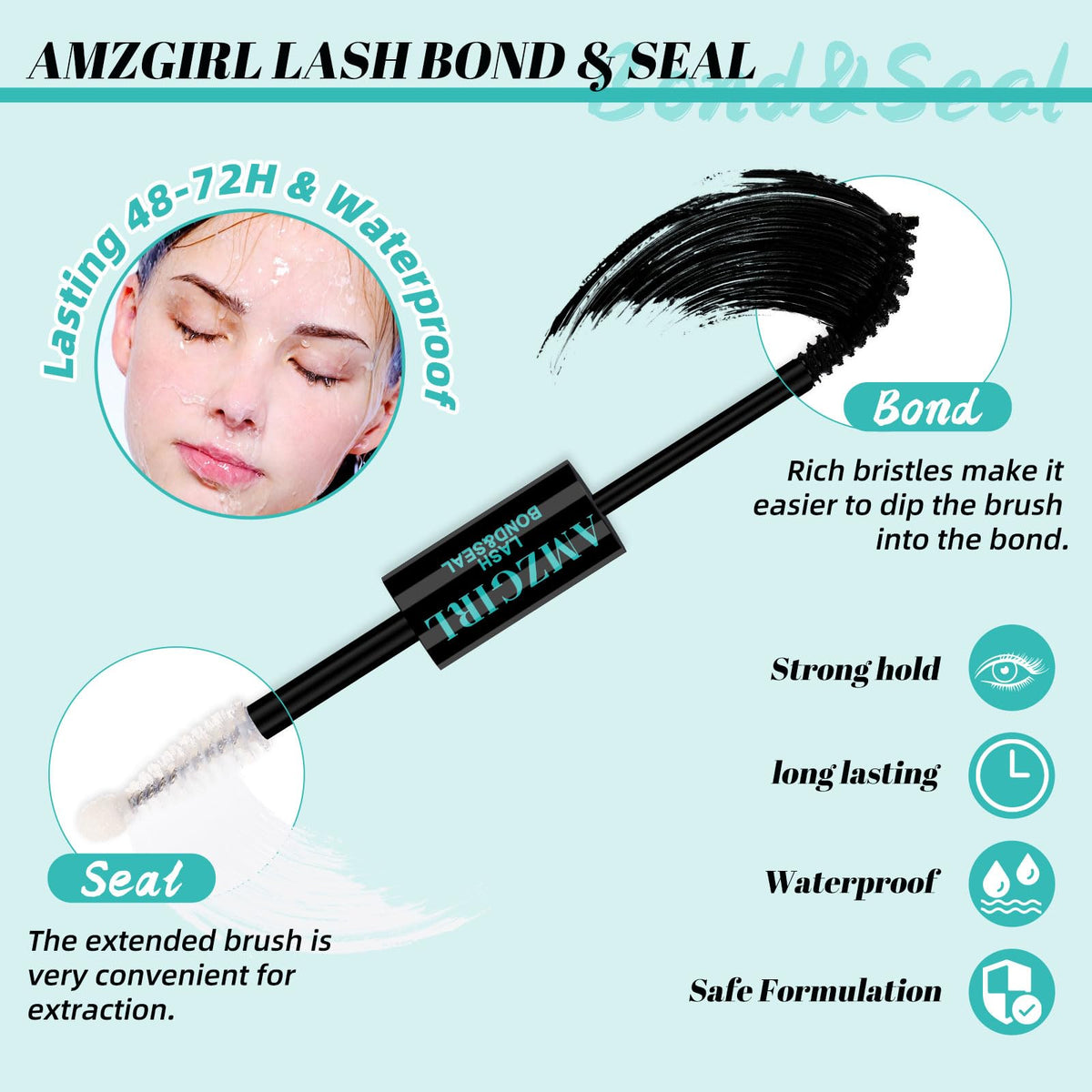 AMZGIRL LASH bond and seal bottle demonstrates waterproof hold for lasting wear.