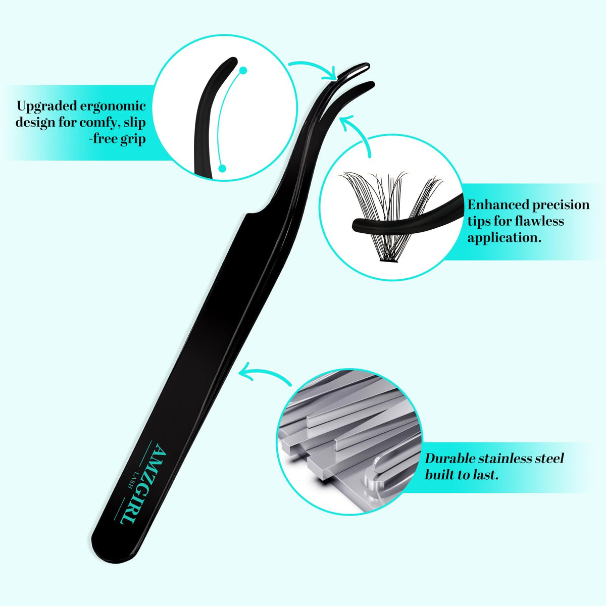 AMZGIRL LASH applicator tweezers for accurate placement.