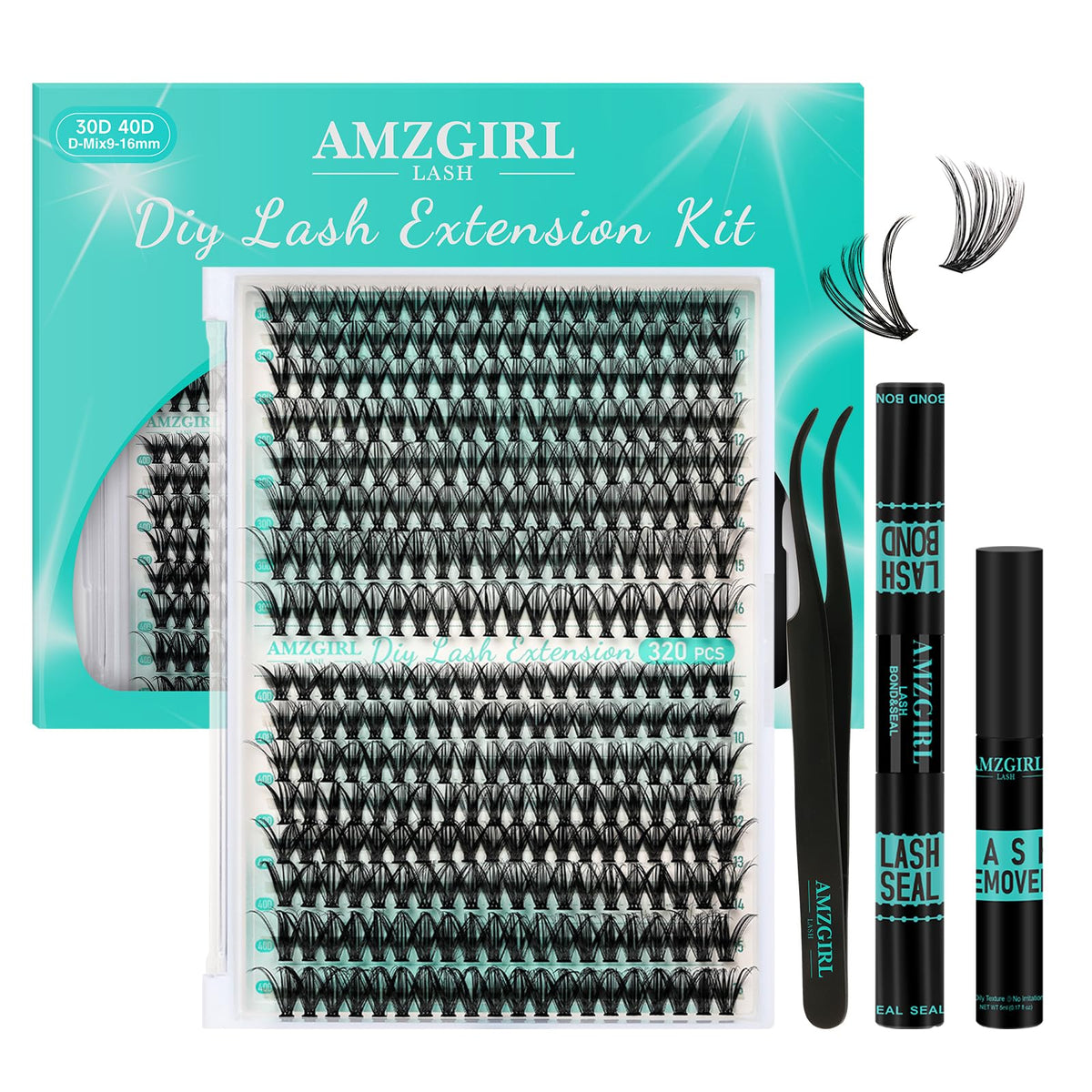 AMZGIRL LASH lash clusters kit 320pcs contents shown for at-home extension setup.