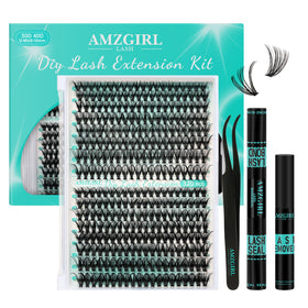 AMZGIRL LASH lash clusters kit 320pcs contents shown for at-home extension setup.