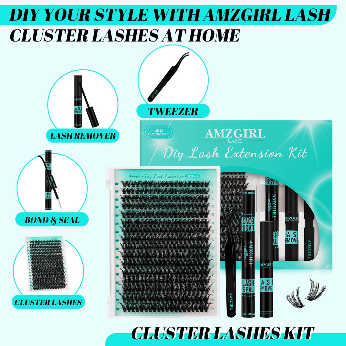 AMZGIRL LASH kit contents arranged for precise DIY lash application.