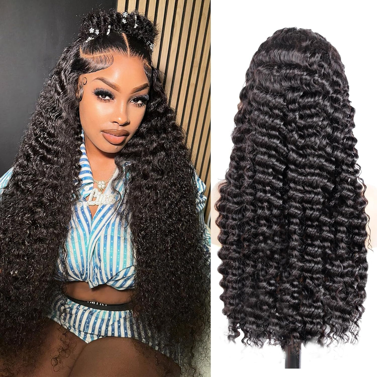 Amzluck 26in deep wave wig front view with natural hairline and volume.