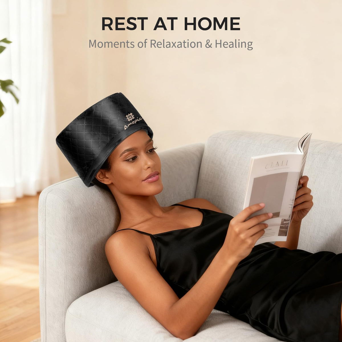 Amzpic Thermal Heat Cap in use with steam for conditioning sessions