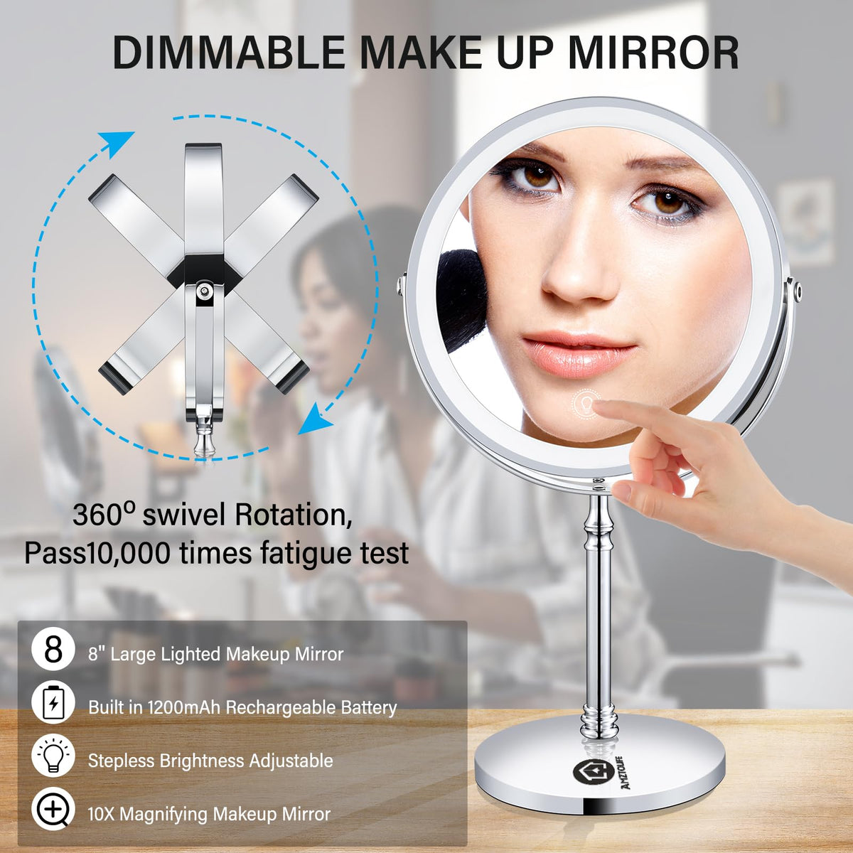 AMZTOLIFE LED illumination enhances visibility for detailed makeup tasks