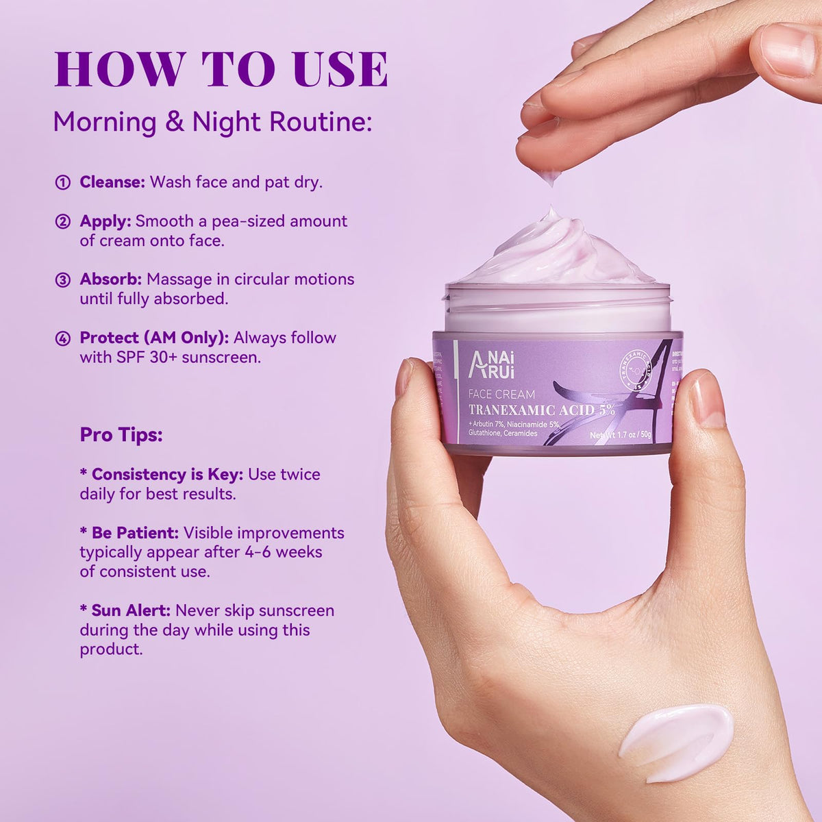 ANAI RUI Tranexamic Cream bottle with radiant skin in soft lighting.
