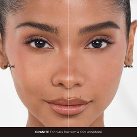 Brow hairs coated with Granite tint showing lift and softness.