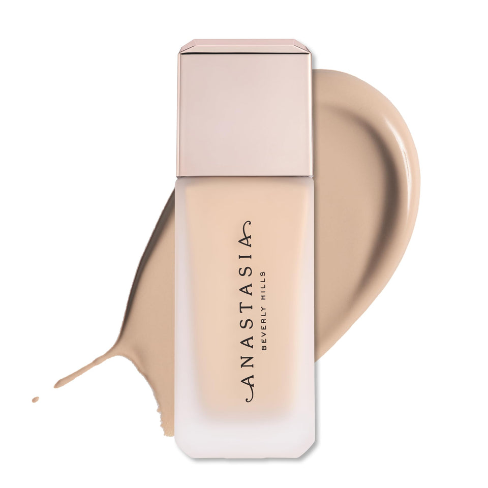 Anastasia Beverly Hills Impeccable Blurring Second-Skin Matte Foundation bottle pump for a smooth, natural finish.