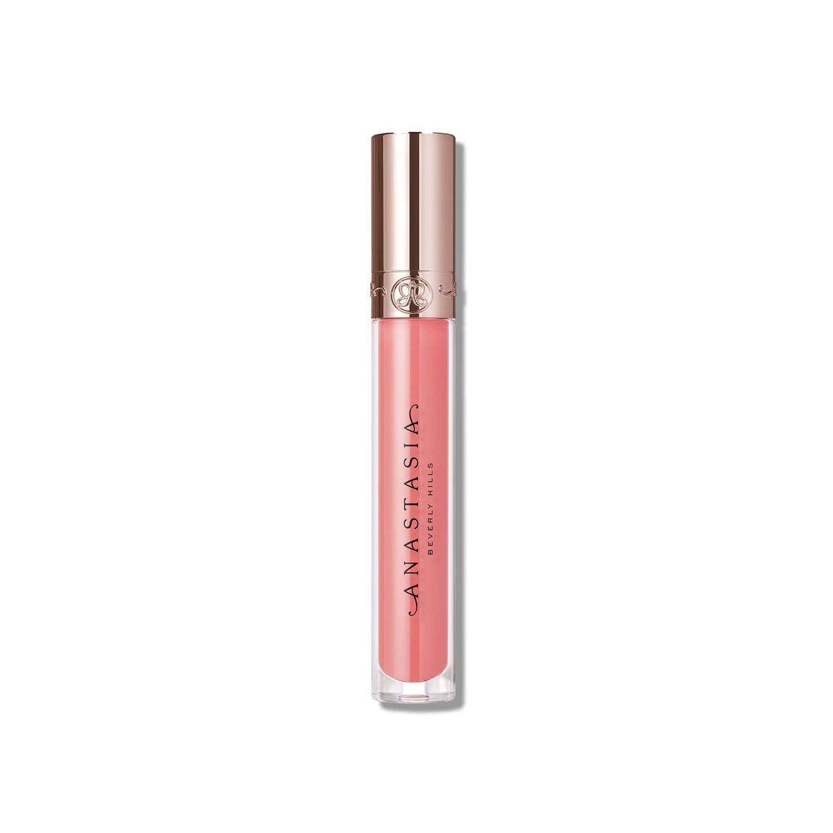 Anastasia Beverly Hills Soft Pink gloss swatches with creamy pink sheen.