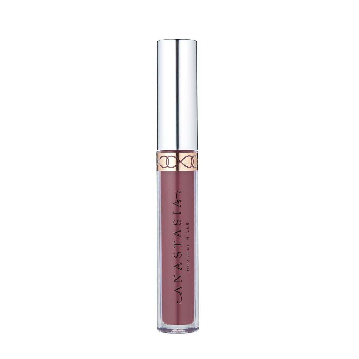 Anastasia Beverly Hills Dusty Rose on lips showing a soft matte rosy nude finish.