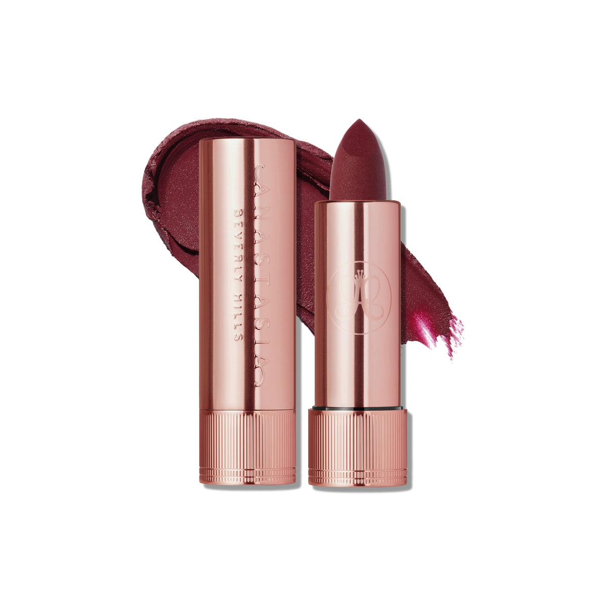 Anastasia Beverly Hills Matte Lipstick Rum Punch swatch showing rich color payoff.
