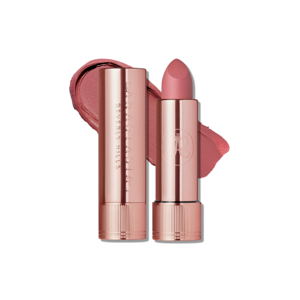 Anastasia Beverly Hills Matte Lipstick Hush Rose swatch reveals rich pigment and velvety finish.