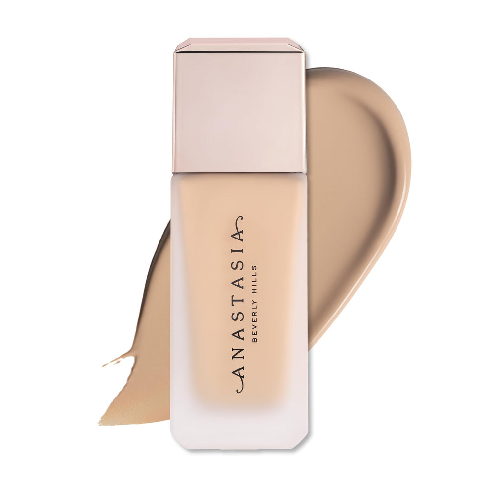Anastasia Beverly Hills Impeccable Blurring Second Skin Matte Foundation 2N bottle close-up shows long-wearing matte finish.