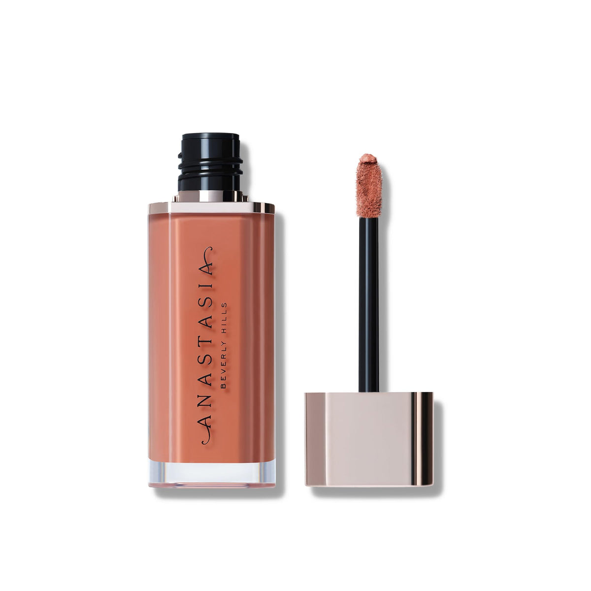 Anastasia Lip Velvet Parchment application demonstrates cushiony, comfortable wear in a nude shade.
