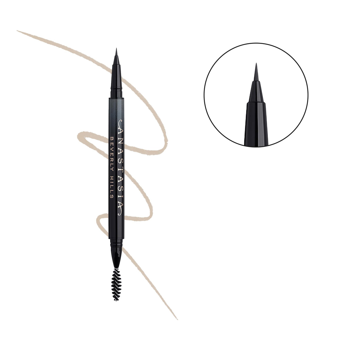 Close-up of the micro-fine brush delivering buildable color for defined brows.