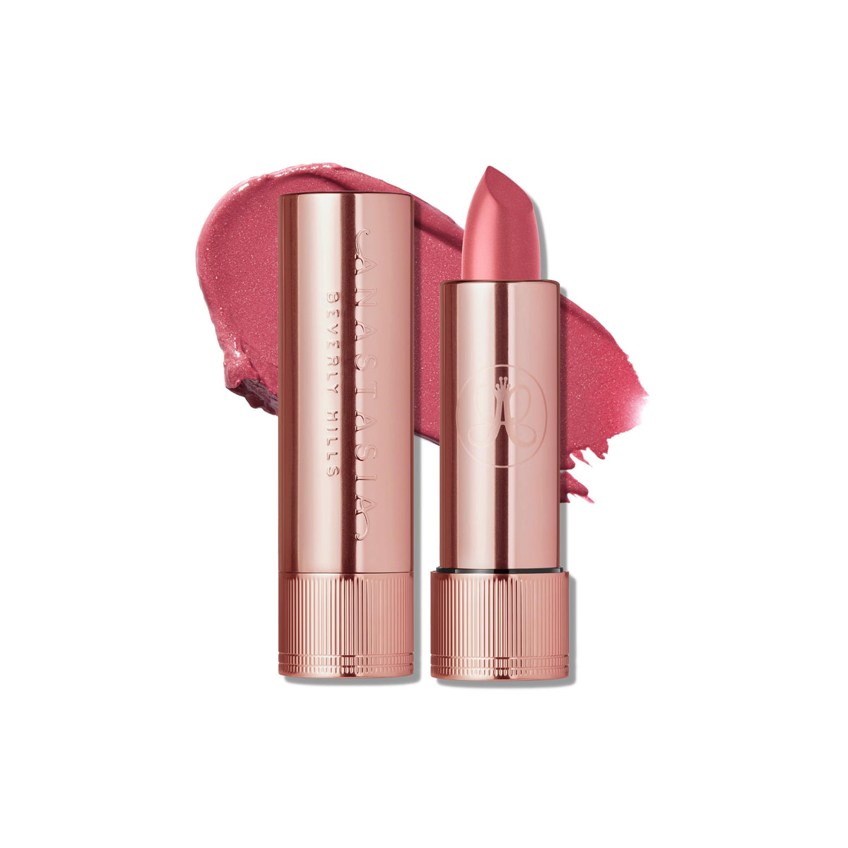 Anastasia Beverly Hills Satin Lipstick Rose Dream packaging with rose-gold finish elevating the look