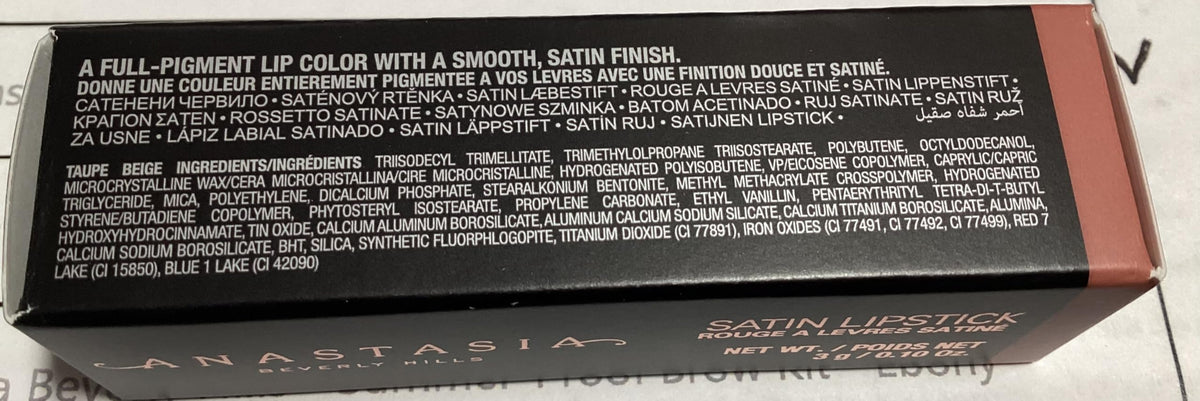 Anastasia Beverly Hills satin lipstick taupe beige application demonstrates precise glide.
