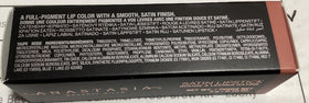 Anastasia Beverly Hills satin lipstick taupe beige application demonstrates precise glide.