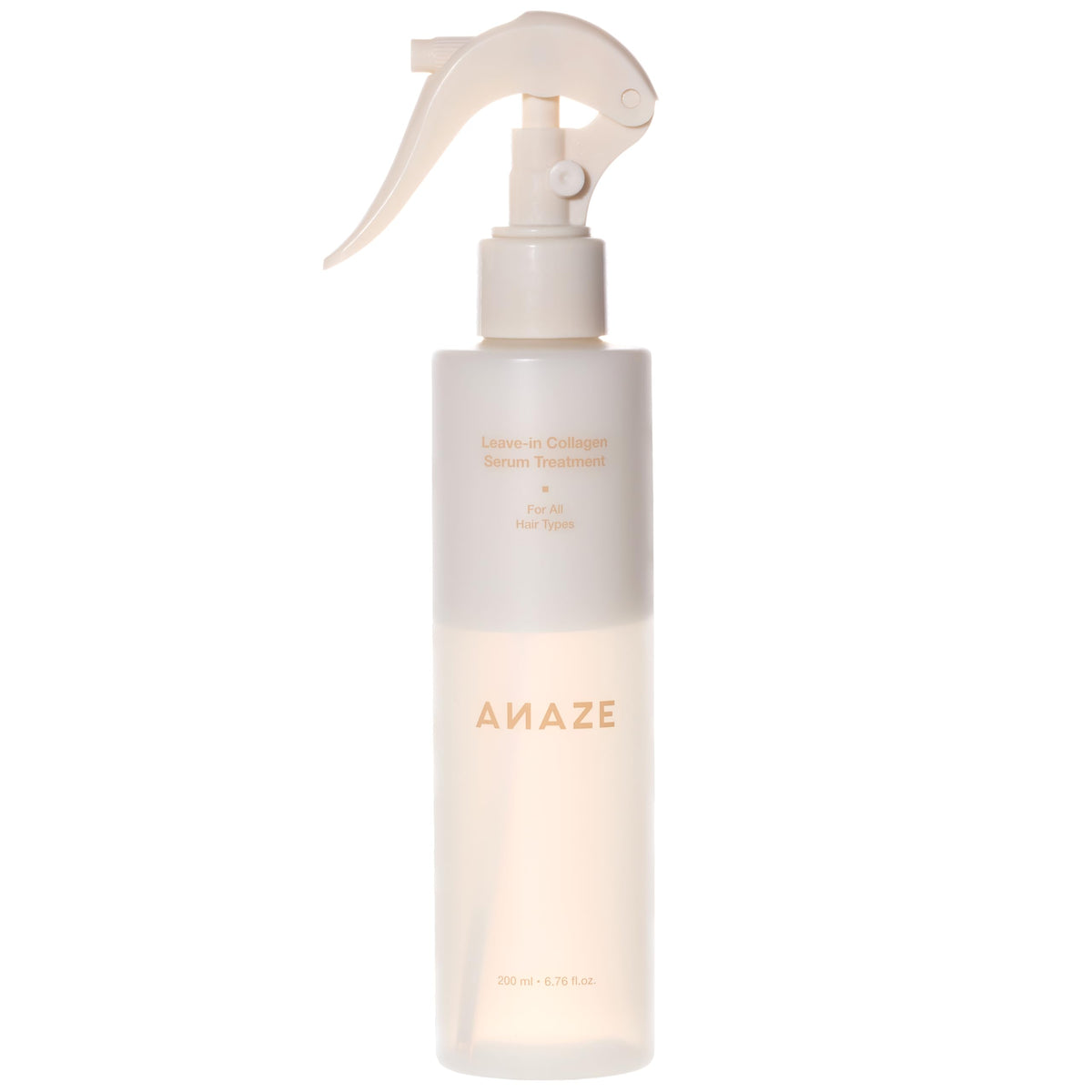 ANAZE Leave-In Collagen Serum bottle demonstrates lightweight hydration for dry hair.