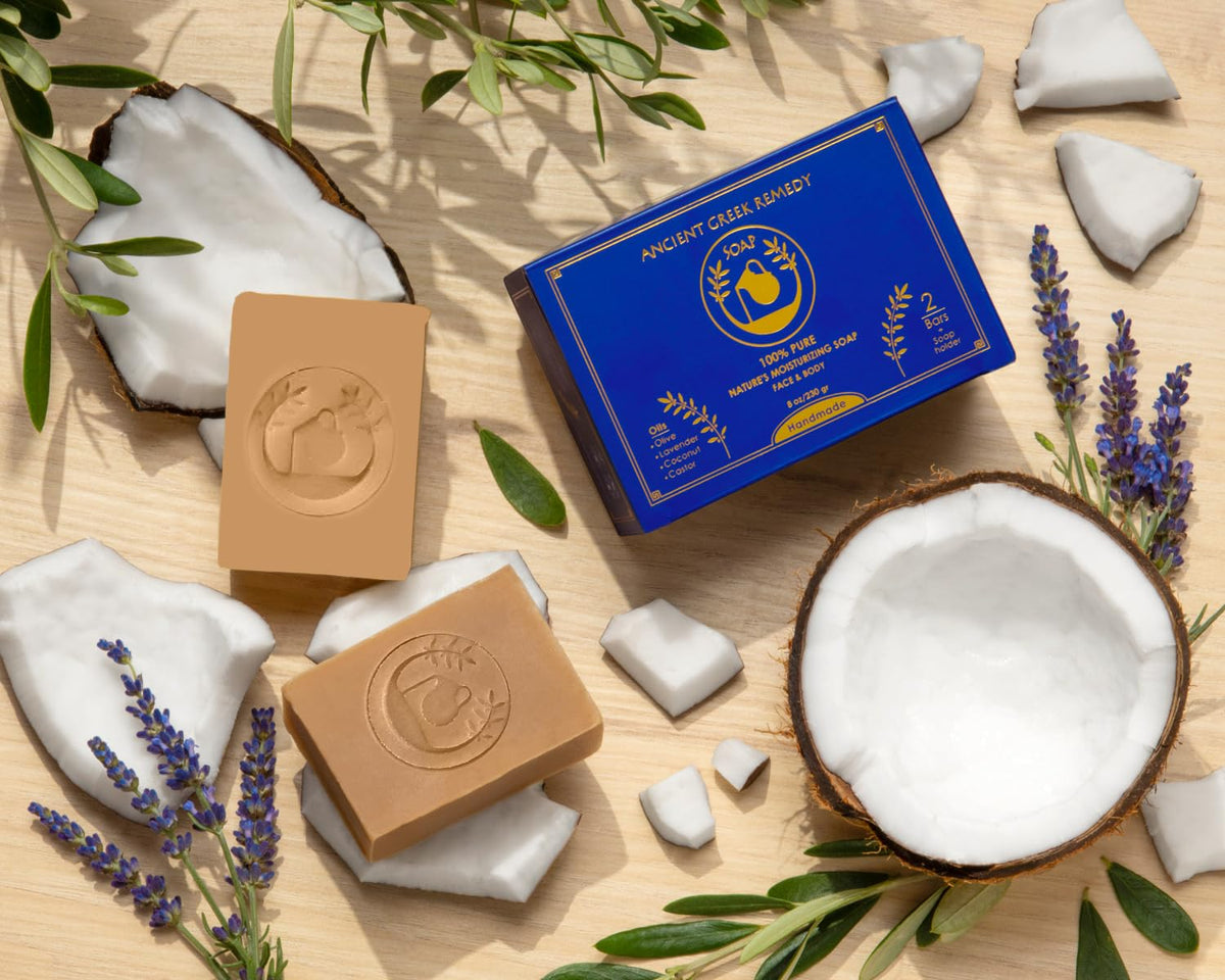 Ancient Greek Remedy handmade soap bars presented as premium skin care.