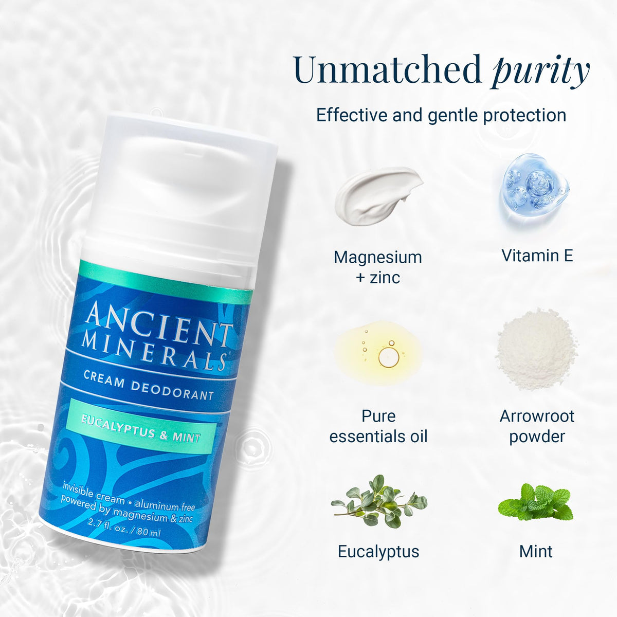 Ancient Minerals Deodorant Cream Brand Logo Shot conveys trusted vegan deodorant option.