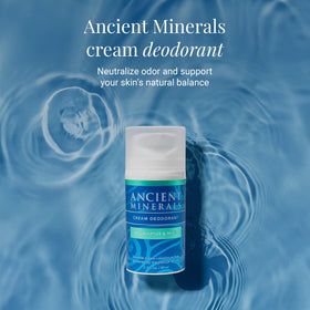 Ancient Minerals Deodorant Cream Eucalyptus Mint tube closeup shows smooth texture ideal for easy application.
