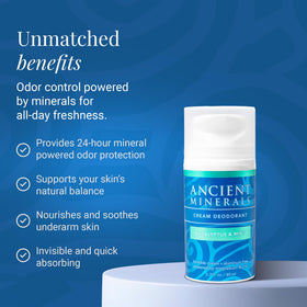 Ancient Minerals Deodorant Cream Texture Application image demonstrates quick, clean underarm use.