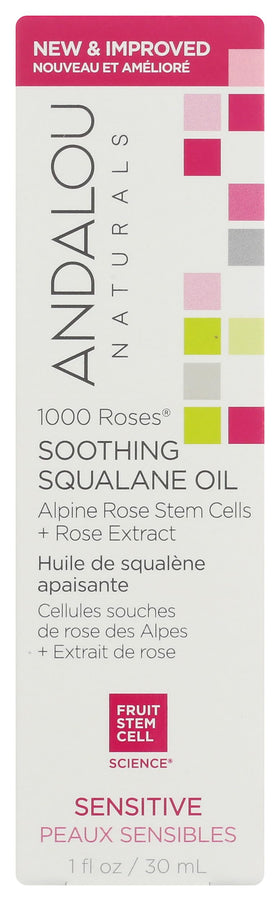 Andalou Naturals bottle closeup of 1000 Roses Squalane Oil showing a lightweight, nourishing facial oil