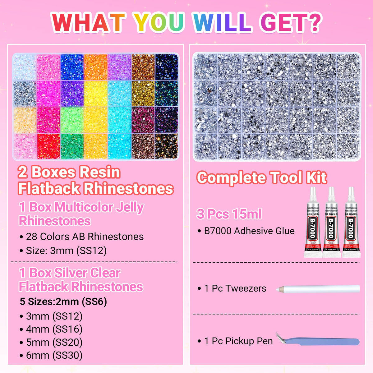 ANDGING silver clear rhinestones 2–6mm in five sizes for mixed-media sparkle.