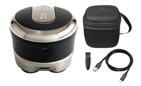 Black compact design fits in hand for travel