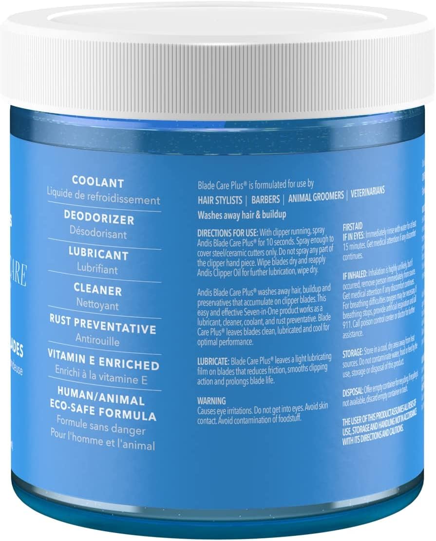 Andis Blade Care Plus Jar design with screw-cap lid and label