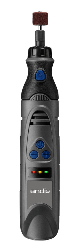 Andis cordless nail grinder packaging highlighting premium features for easy pet nail care.