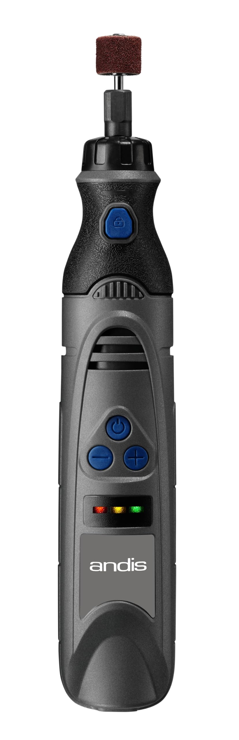 Andis cordless nail grinder packaging highlighting premium features for easy pet nail care.