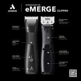 Andis eMERGE wide-blade-size-range enables versatile styling across hair types.