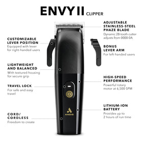Andis Envy II ergonomic, lightweight housing reduces hand fatigue during sessions.