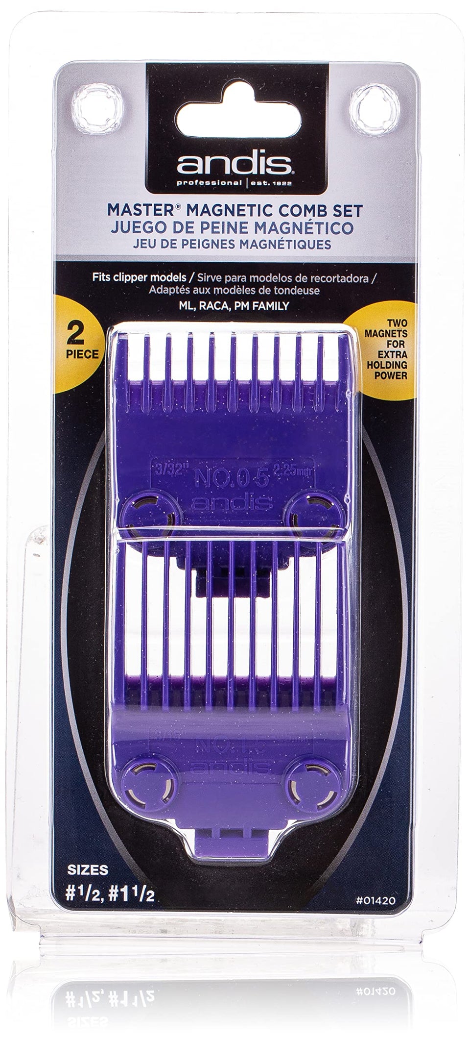 Andis Master magnetic combs in 0.5in and 1.5in sizes ready for precise trims on a Master clipper.