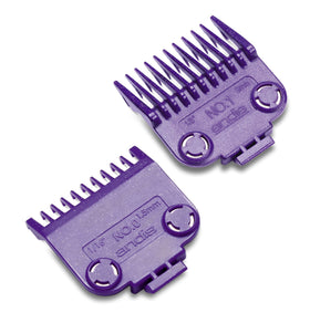 Andis Master Magnetic Comb Set in purple close-up showing secure polymer clips for precise fades.