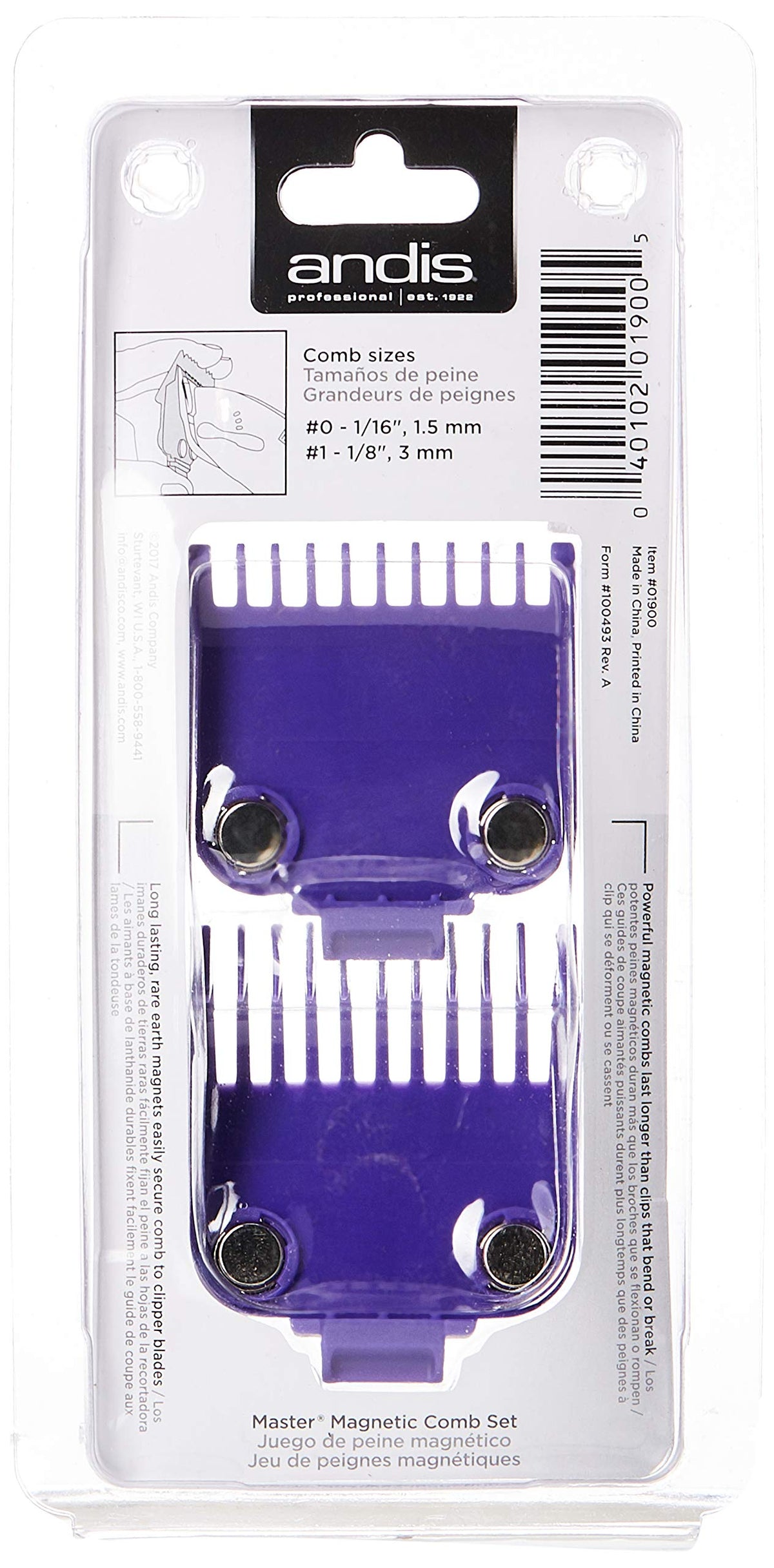 Andis Master Magnetic Comb Set two-piece pack demonstrating compatibility for consistent cutting lengths.